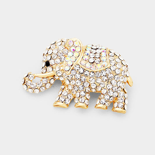Madeline Love AB, Clear, Gold Stone Paved Elephant Pin Brooch - Brooches