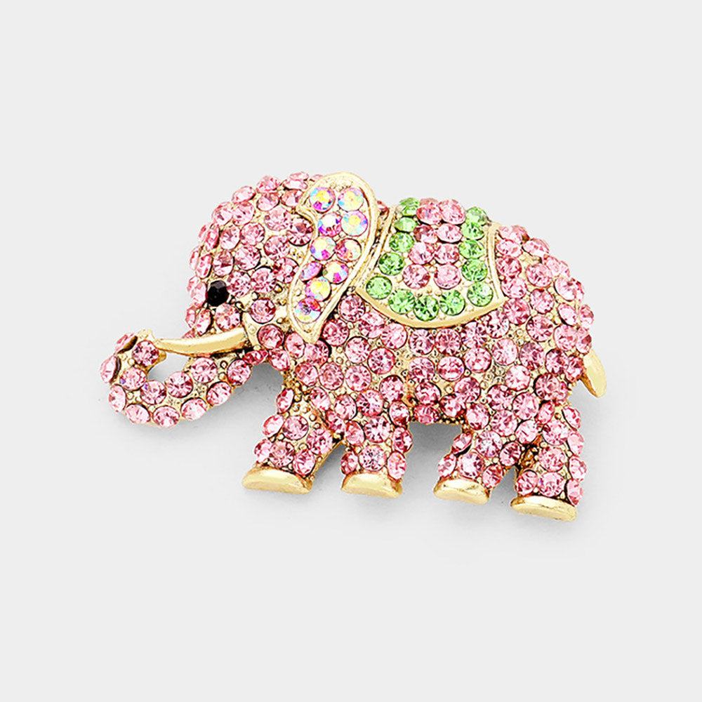 Madeline Love Green, Pink, Pink&Green Stone Paved Elephant Pin Brooch - Brooches