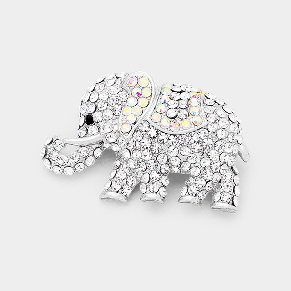 Madeline Love AB, Clear, Silver Stone Paved Elephant Pin Brooch - Brooches