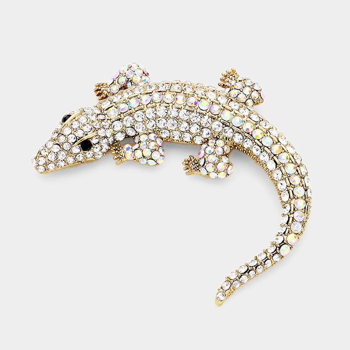 Madeline Love AB, Clear, Gold Crystal Pave Crocodile/Alligator Pin Brooch - Brooches