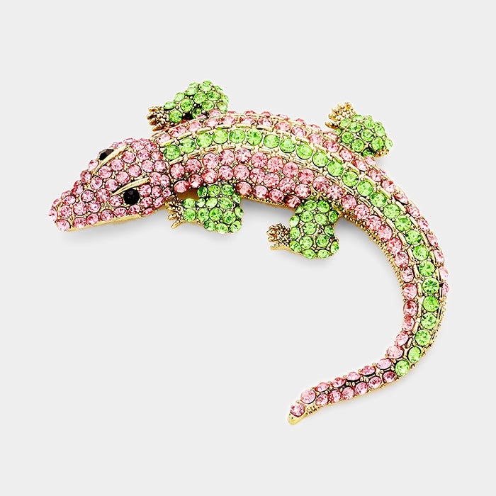 Madeline Love Pink&Green Crystal Pave Crocodile/Alligator Pin Brooch - Brooches