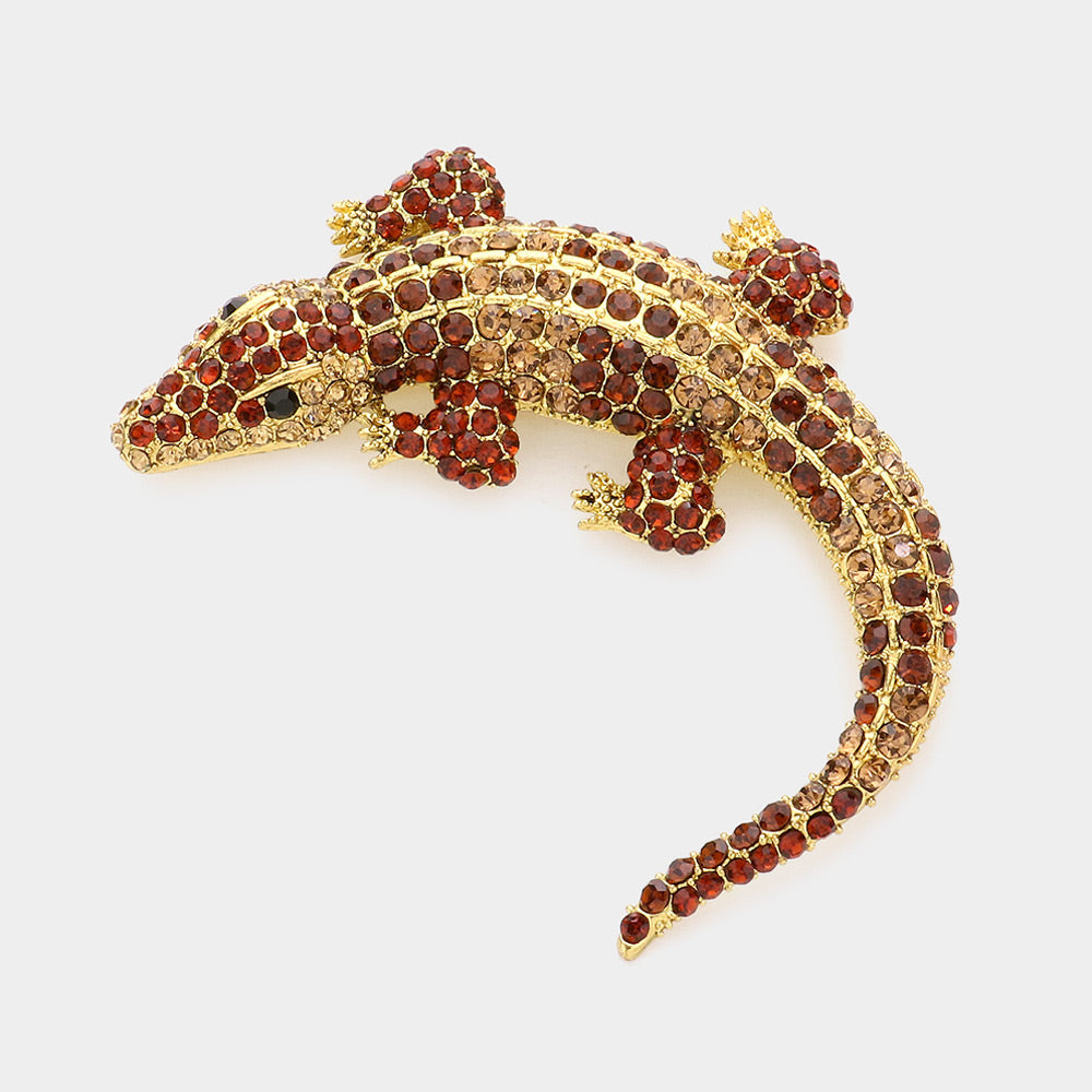 Madeline Love Brown Crystal Pave Crocodile/Alligator Pin Brooch - Brooches