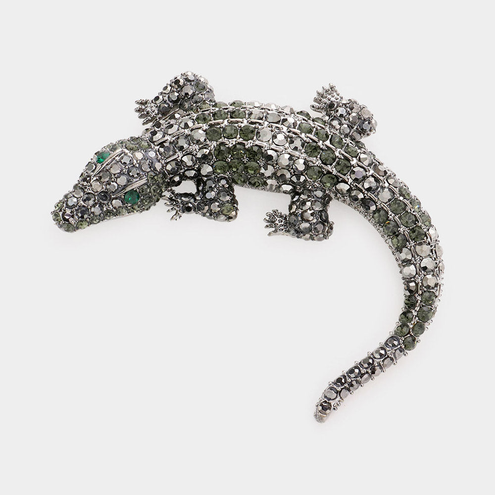 Madeline Love Black Diamond, Hematite Crystal Pave Crocodile/Alligator Pin Brooch - Brooches