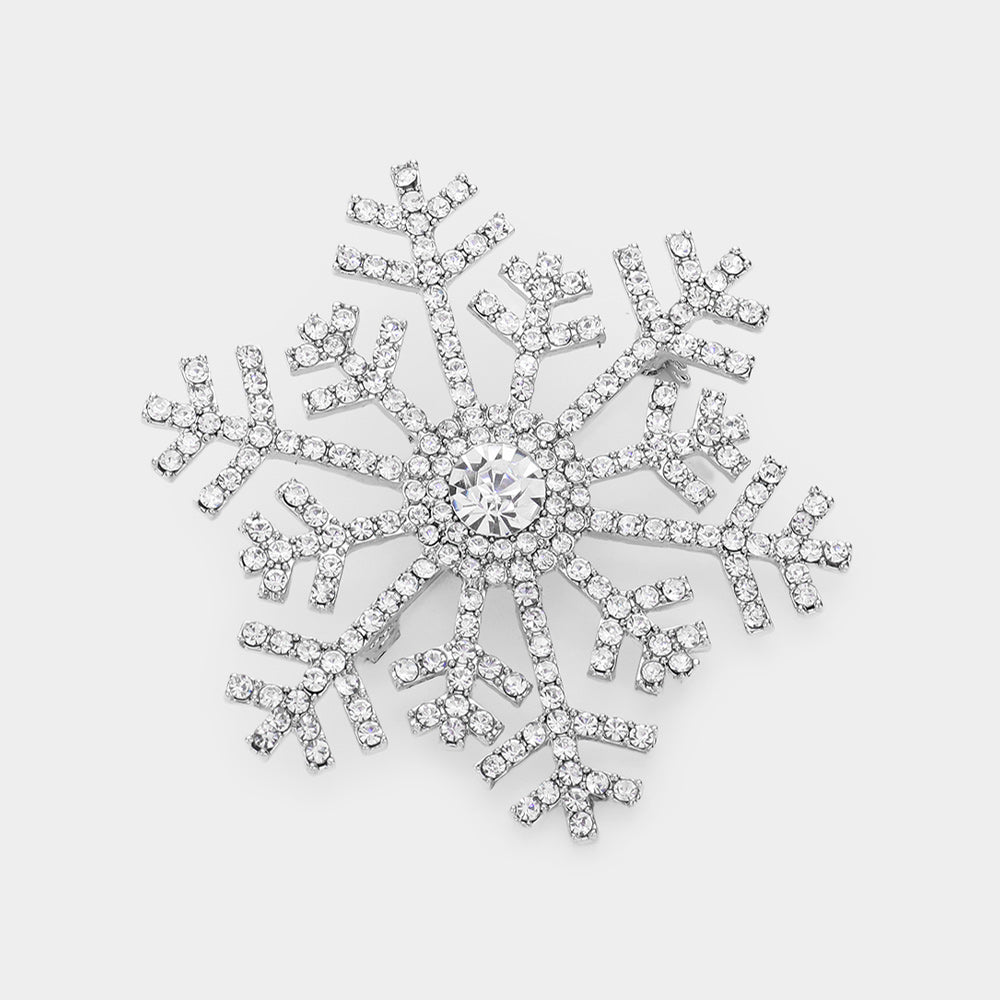 Clear Silver, Crystal Pave Snowflake Pin Brooch