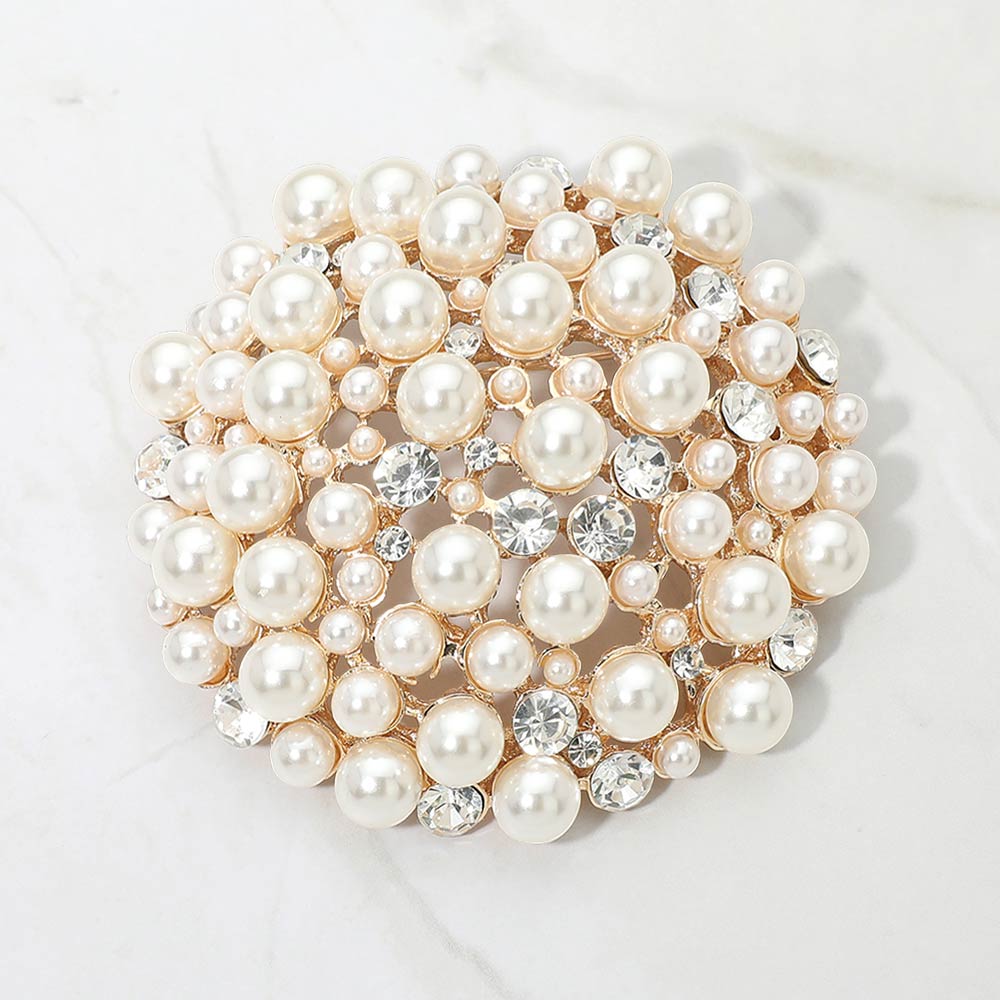 Madeline Love Cream, Gold Pearl Crystal Cluster Pin Brooch - Brooches