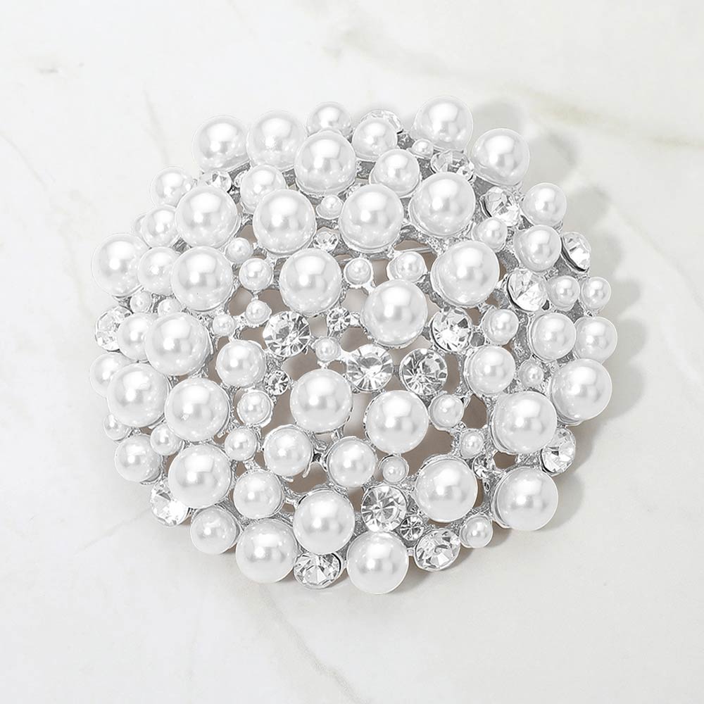 Madeline Love Rhodium, White Pearl Crystal Cluster Pin Brooch - Brooches
