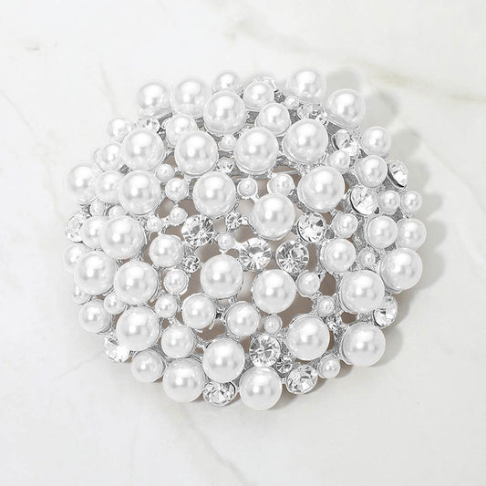 Madeline Love Rhodium, White Pearl Crystal Cluster Pin Brooch - Brooches