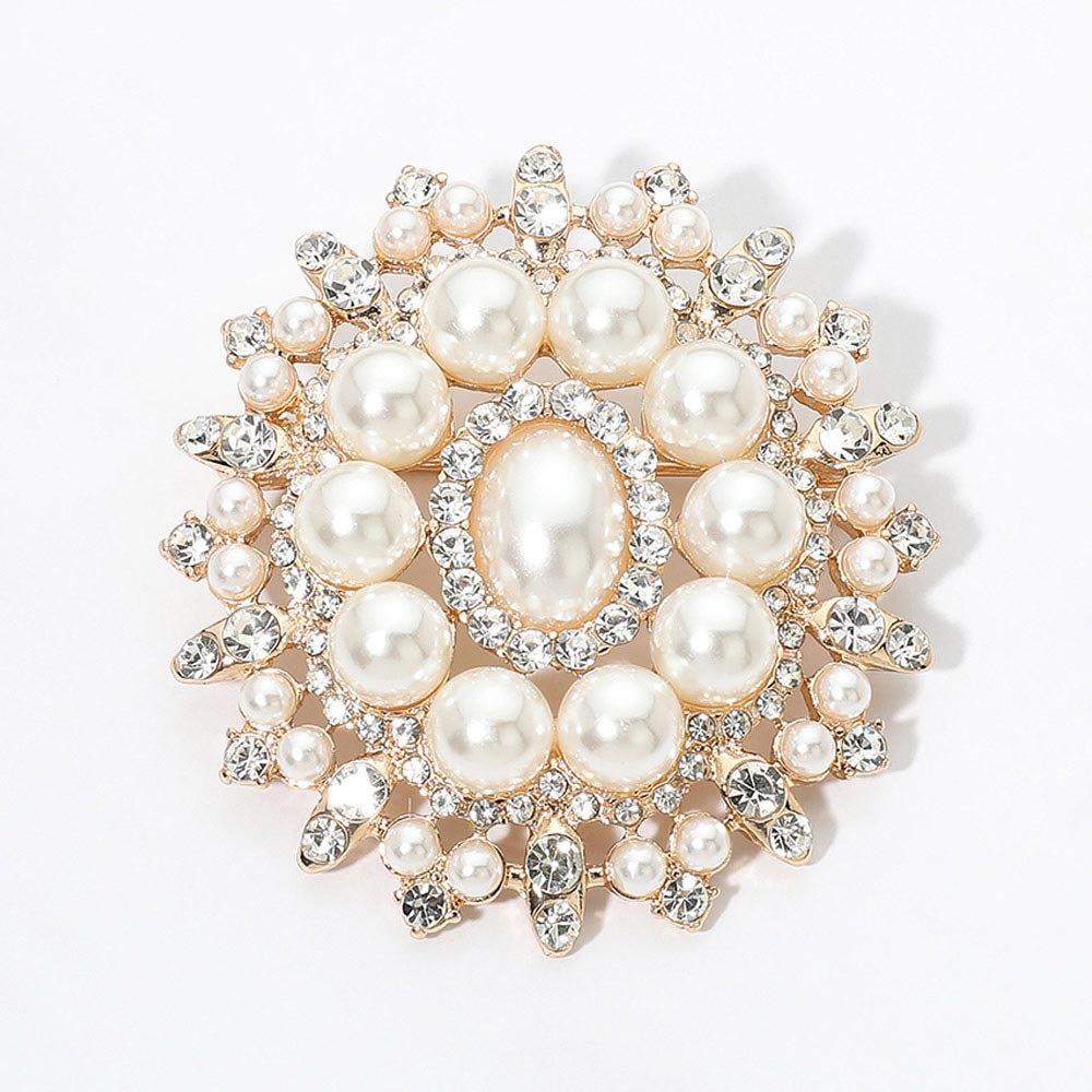 Madeline Love Cream, Gold Ornate Pearl Crystal Embellished Pin Brooch