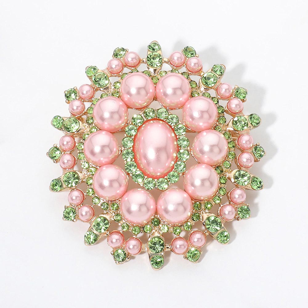 Madeline Love Gold, Pink&Green Ornate Pearl Crystal Embellished Pin Brooch