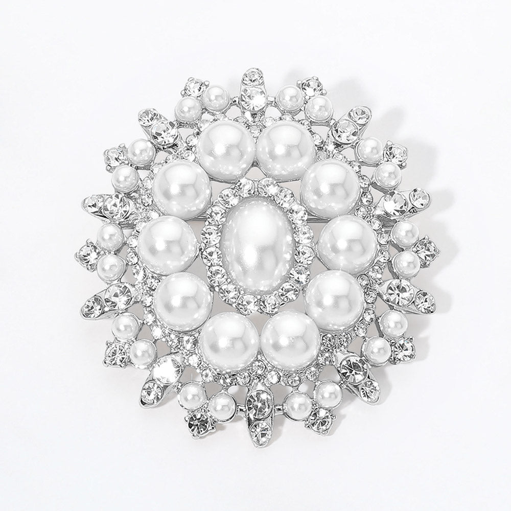 Madeline Love Rhodium, White Ornate Pearl Crystal Embellished Pin Brooch
