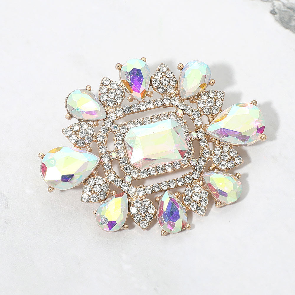 Madeline Love AB, Gold Ornate Teardrop Rectangle Stone Embellished Pin Brooch