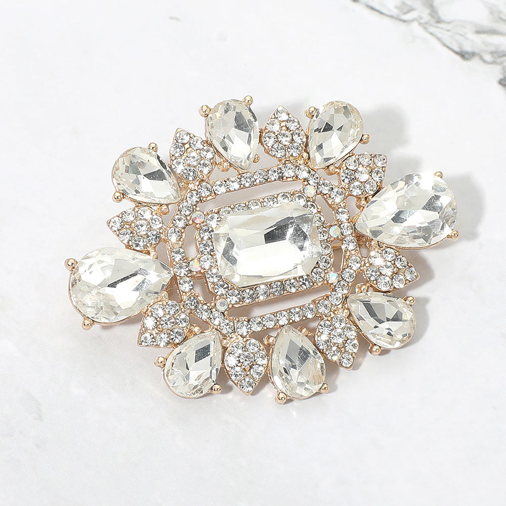 Madeline Love Clear, Gold Ornate Teardrop Rectangle Stone Embellished Pin Brooch