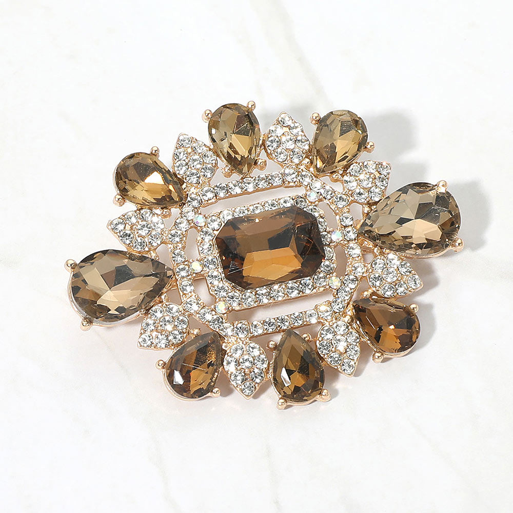 Madeline Love Gold, Topaz Ornate Teardrop Rectangle Stone Embellished Pin Brooch