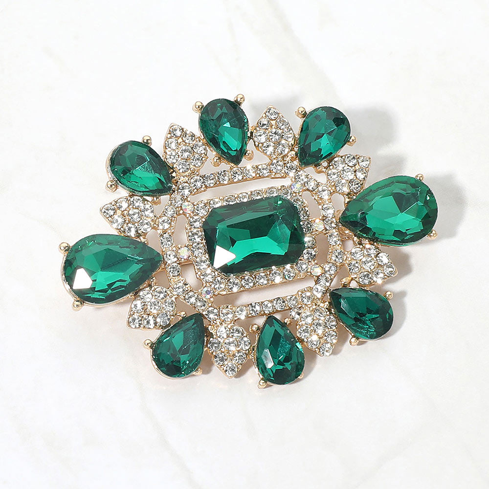 Madeline Love Gold, Green Ornate Teardrop Rectangle Stone Embellished Pin Brooch