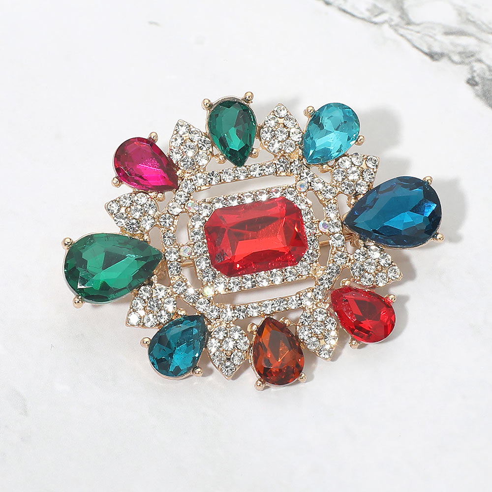 Madeline Love Gold, Multi Ornate Teardrop Rectangle Stone Embellished Pin Brooch