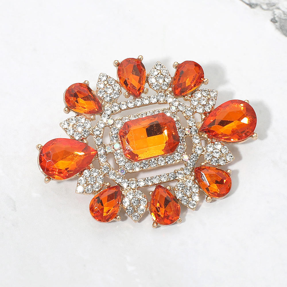 Madeline Love Gold, Orange Ornate Teardrop Rectangle Stone Embellished Pin Brooch