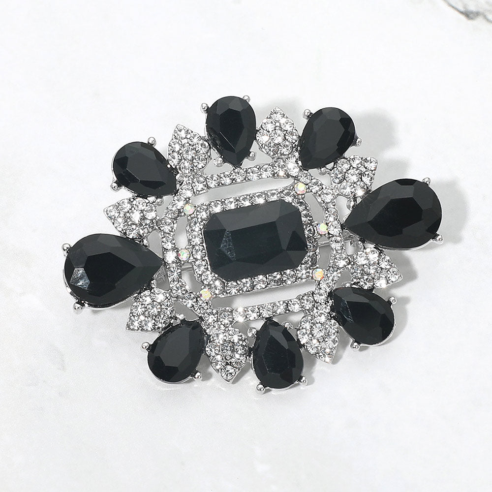 Madeline Love Black, Rhodium Ornate Teardrop Rectangle Stone Embellished Pin Brooch