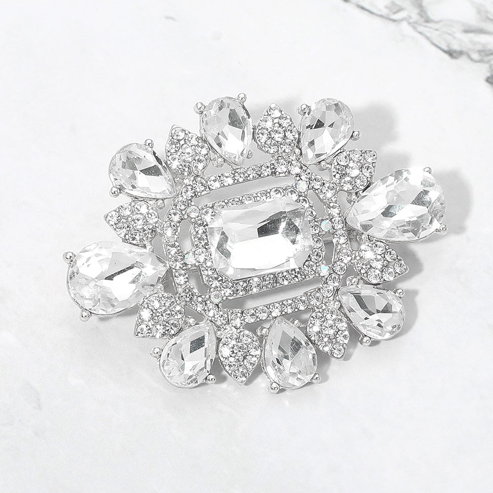 Madeline Love Clear, Rhodium Ornate Teardrop Rectangle Stone Embellished Pin Brooch