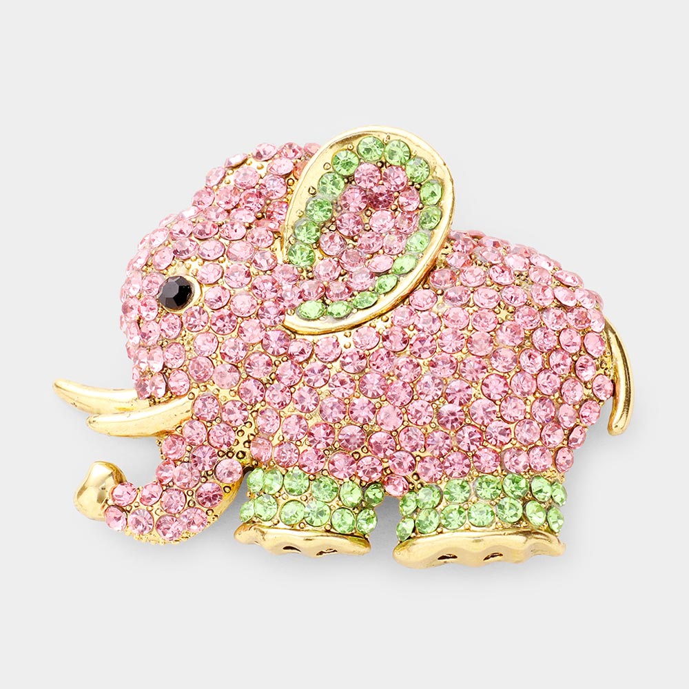 Madeline Love Gold, Pink&Green Rhinestone Pave Elephant Pin Brooch - Brooches