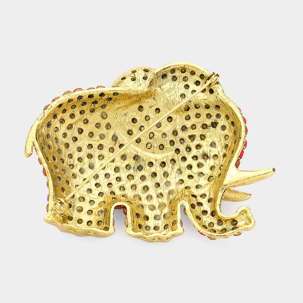 Madeline Love Gold, Red Rhinestone Pave Elephant Pin Brooch - Brooches - desc