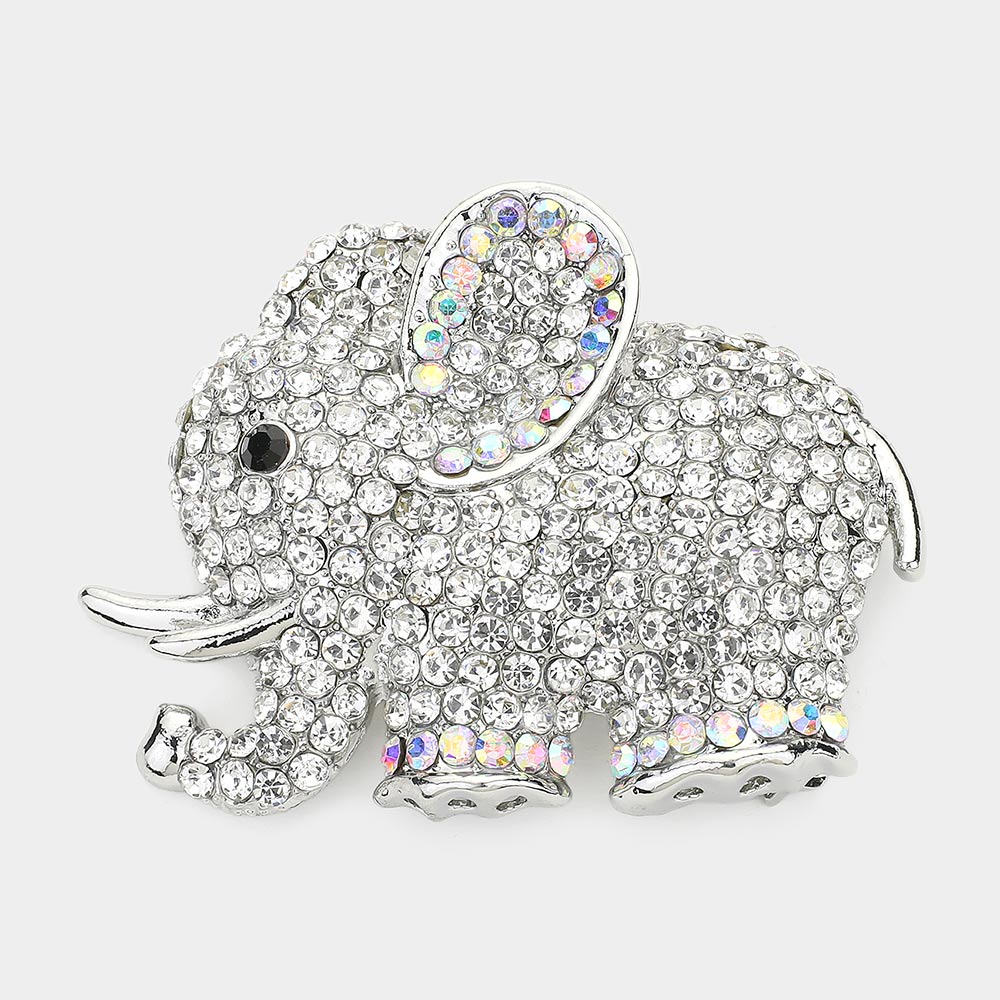 Madeline Love AB, Silver Rhinestone Pave Elephant Pin Brooch - Brooches