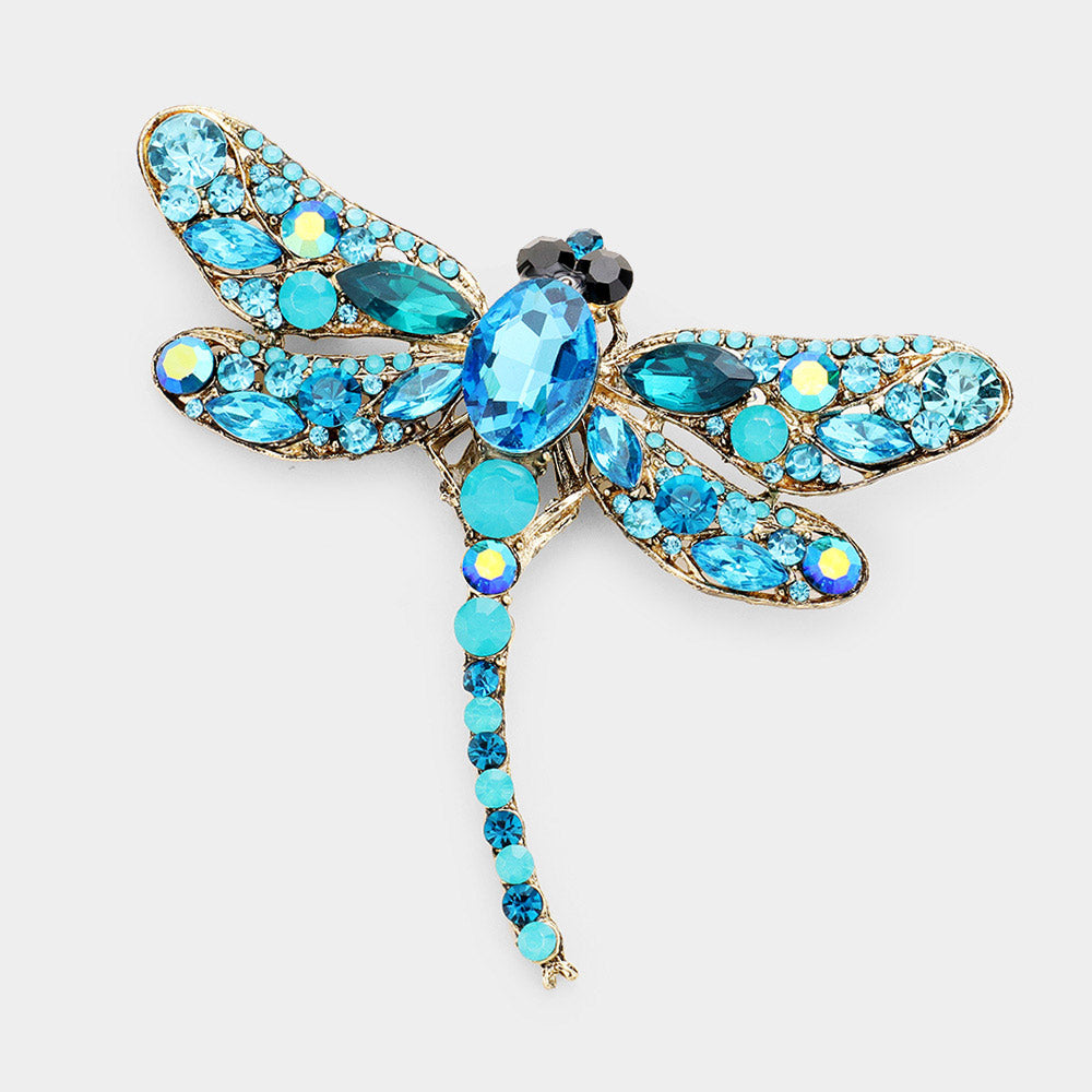 Madeline Love Blue Zircon, Gold Crystal Rhinestone Dragonfly Brooch / Pendant - Brooches