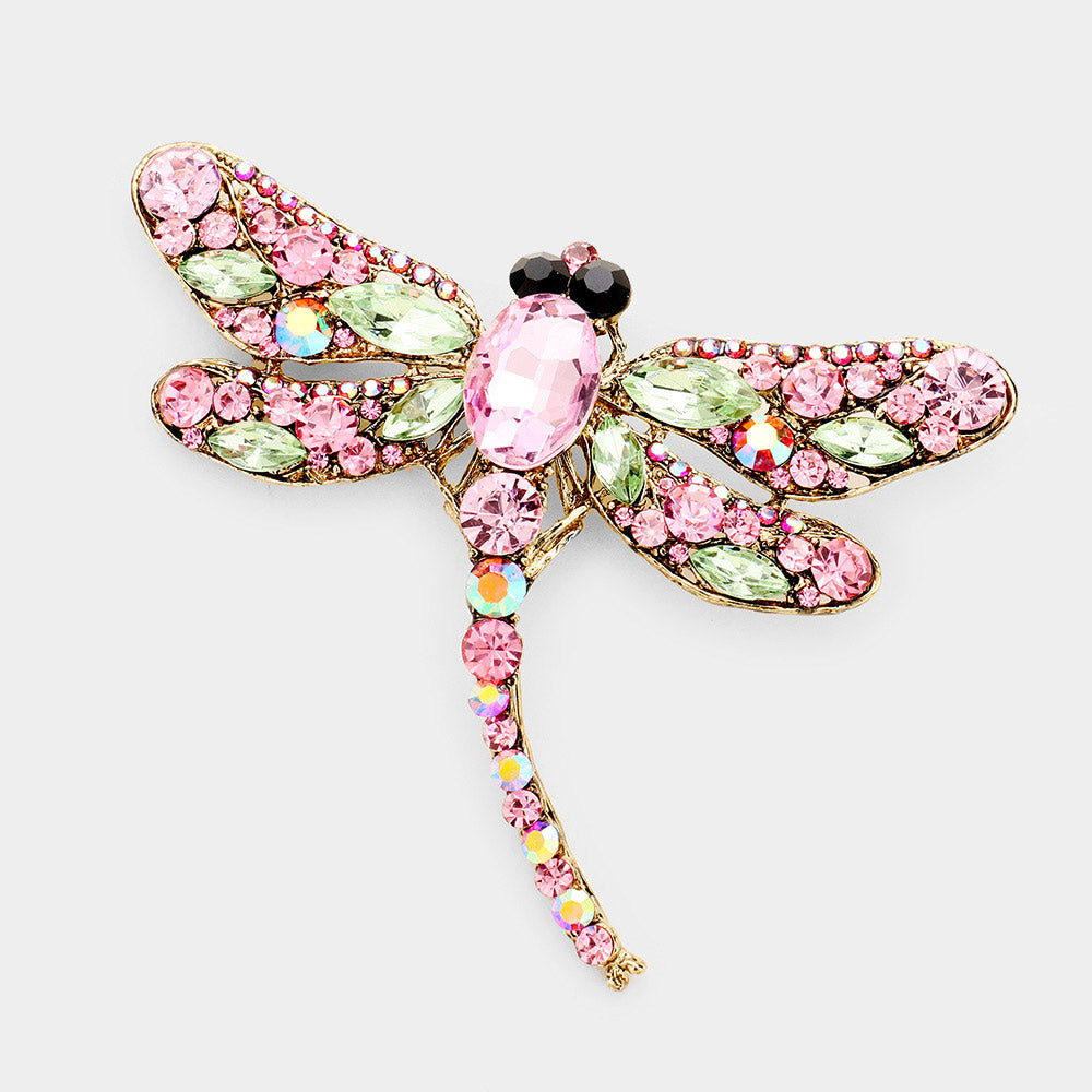 Madeline Love Pink&Green Crystal Rhinestone Dragonfly Brooch / Pendant - Brooches