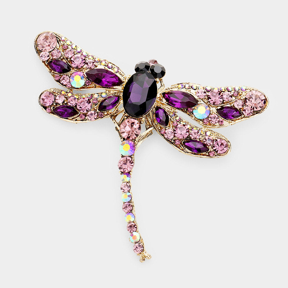 Madeline Love Gold, Purple Crystal Rhinestone Dragonfly Brooch / Pendant - Brooches