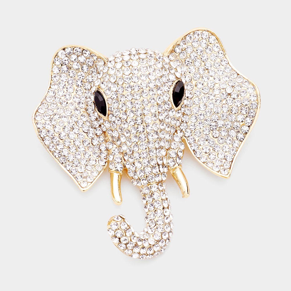 Madeline Love Clear, Gold Rhinestone Elephant Pin Brooch - Brooches