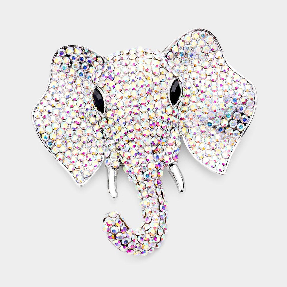 Madeline Love AB, Silver Rhinestone Elephant Pin Brooch - Brooches