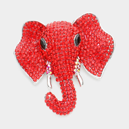 Madeline Love Red, Silver Rhinestone Elephant Pin Brooch - Brooches