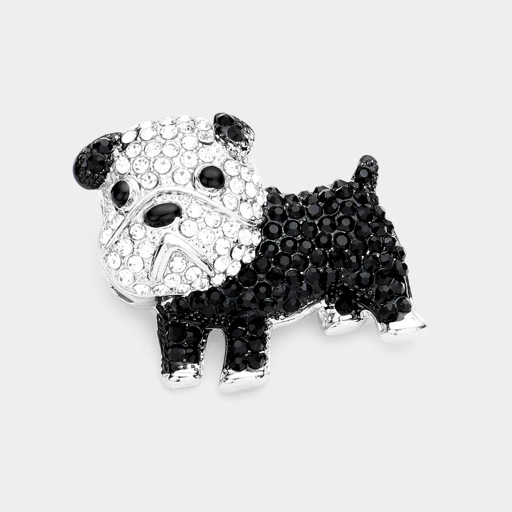 Madeline Love Jet Black, Silver Rhinestone Bulldog Pin Brooch - Brooches