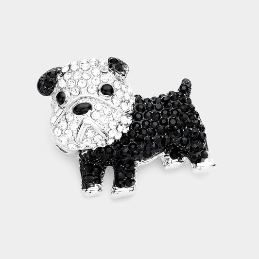 Madeline Love Jet Black, Silver Rhinestone Bulldog Pin Brooch - Brooches