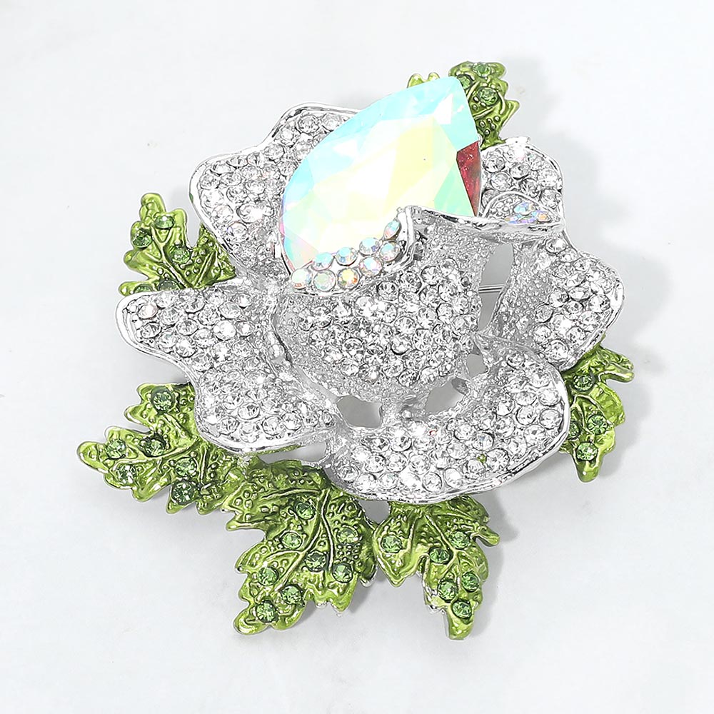 Madeline Love AB, Rhodium Vintage Floral Crystal Pin Brooch