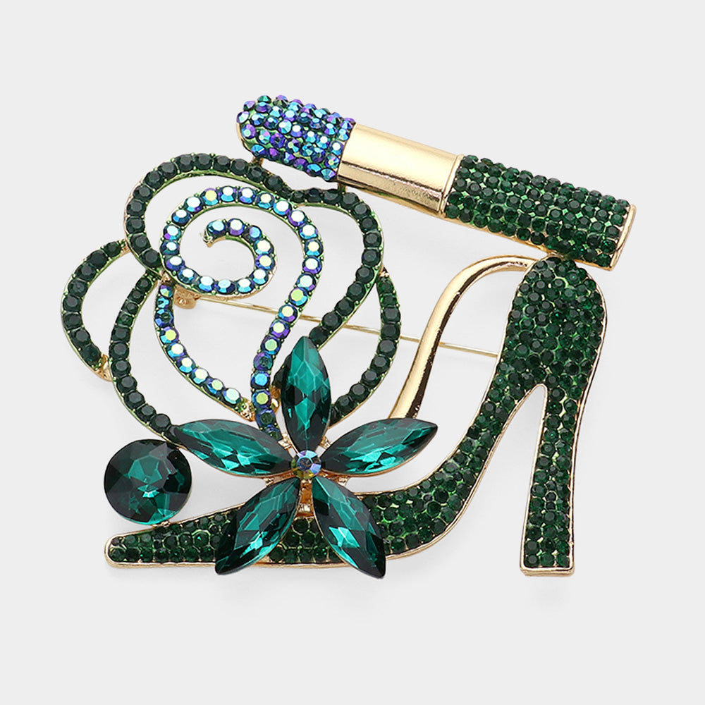 Madeline Love Emerald Rhinestone Pave High Heel Flower Lipstick Brooch - Brooches