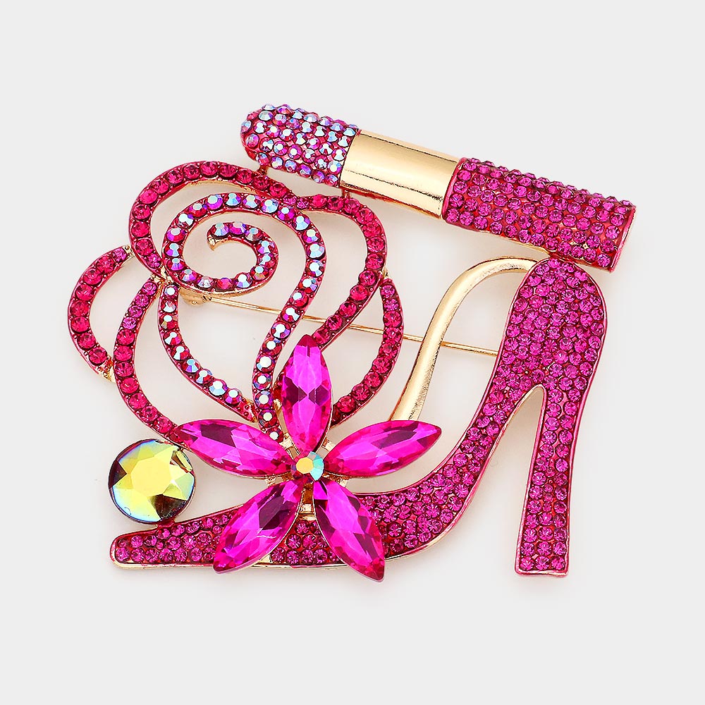 Madeline Love Fuchsia Rhinestone Pave High Heel Flower Lipstick Brooch - Brooches