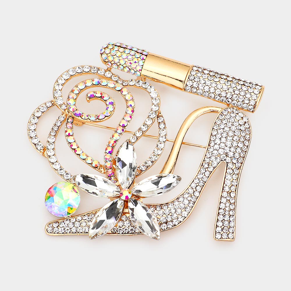 Madeline Love Gold Rhinestone Pave High Heel Flower Lipstick Brooch - Brooches