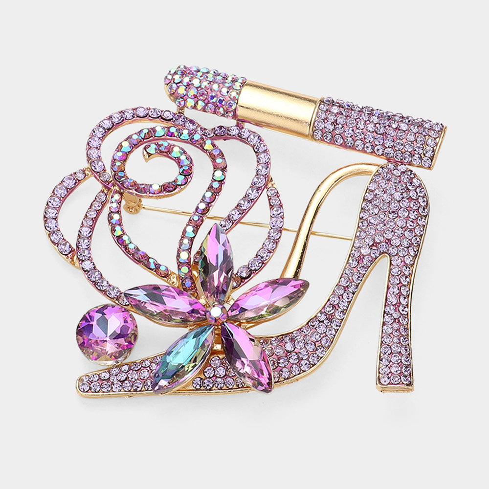 Madeline Love Lavender Rhinestone Pave High Heel Flower Lipstick Brooch - Brooches