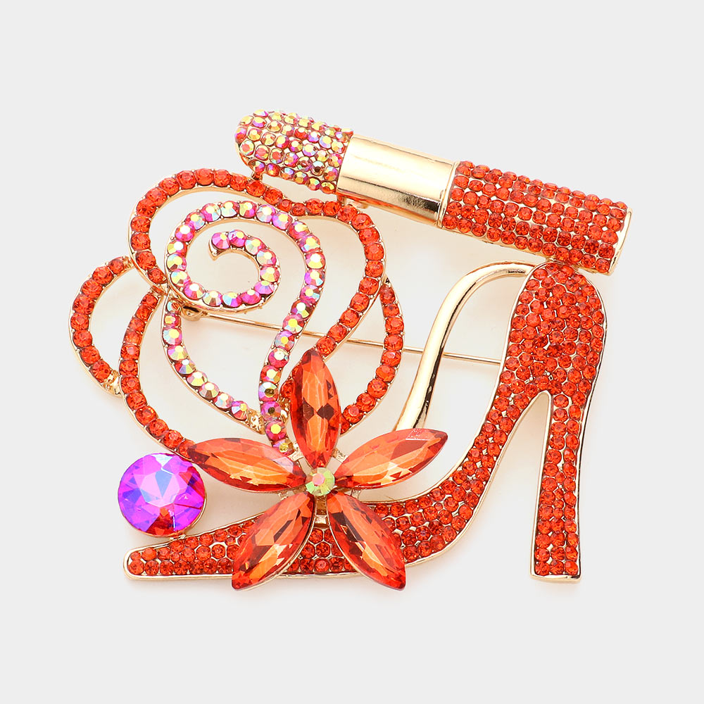 Madeline Love Orange Rhinestone Pave High Heel Flower Lipstick Brooch - Brooches