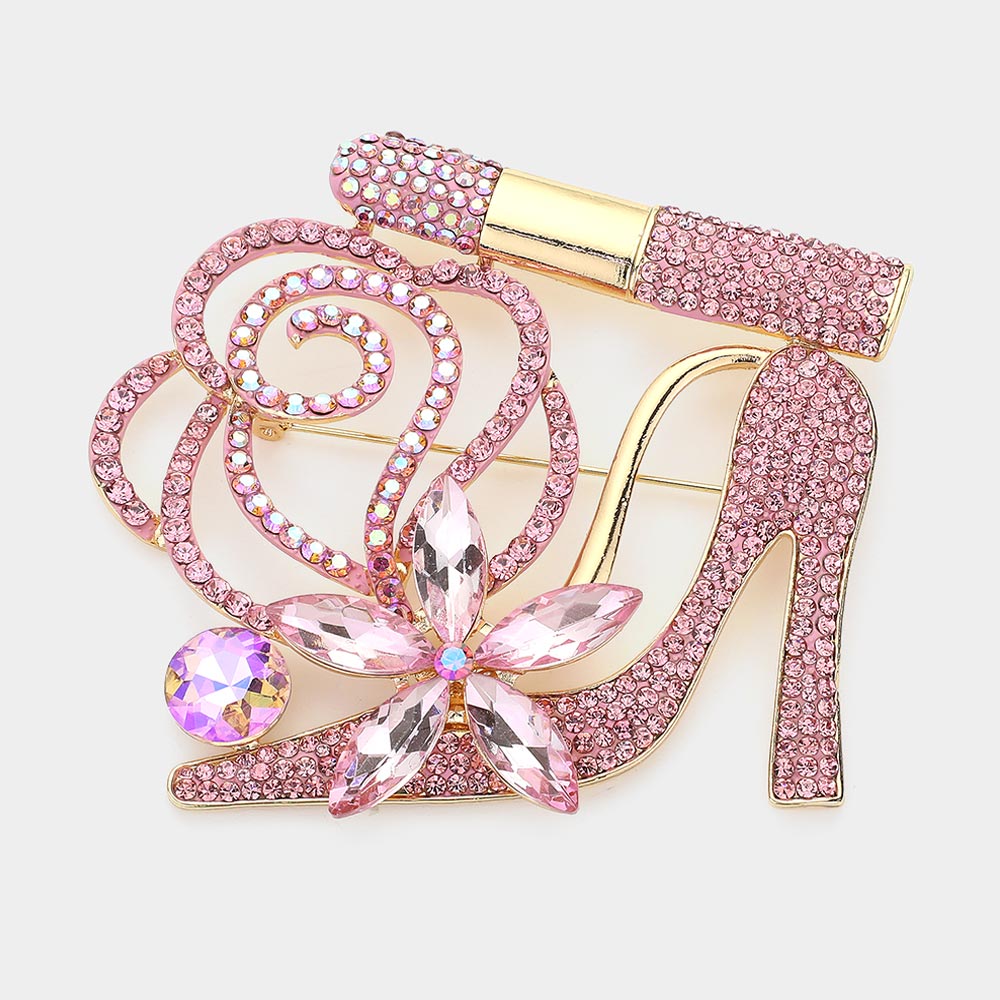 Madeline Love Pink Rhinestone Pave High Heel Flower Lipstick Brooch - Brooches