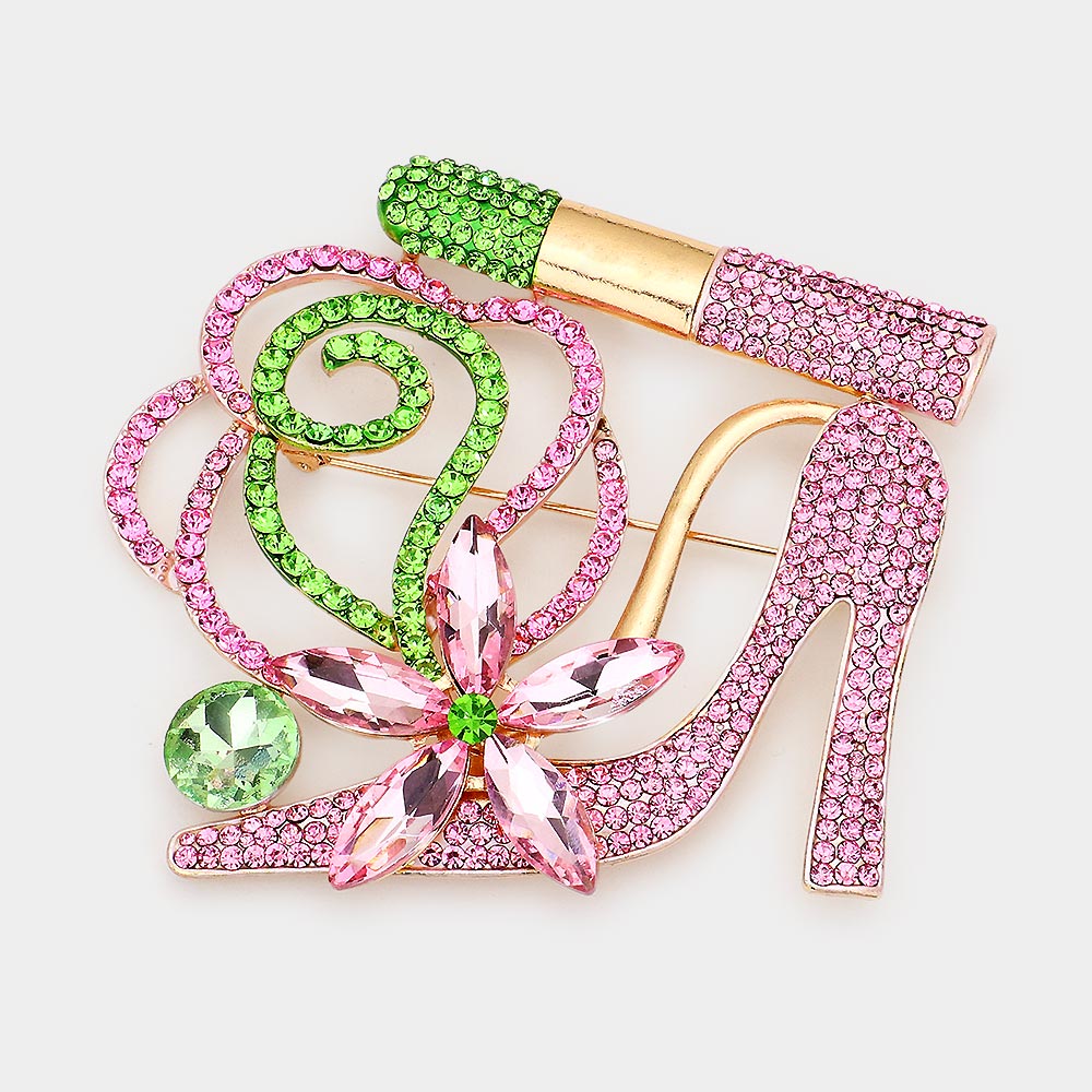 Madeline Love Pink&Green Rhinestone Pave High Heel Flower Lipstick Brooch - Brooches