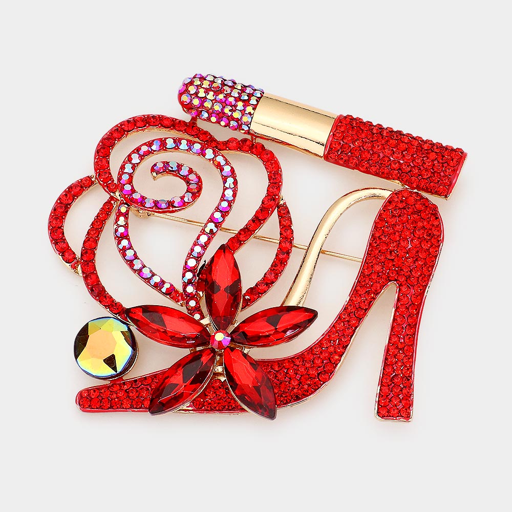 Madeline Love Red Rhinestone Pave High Heel Flower Lipstick Brooch - Brooches