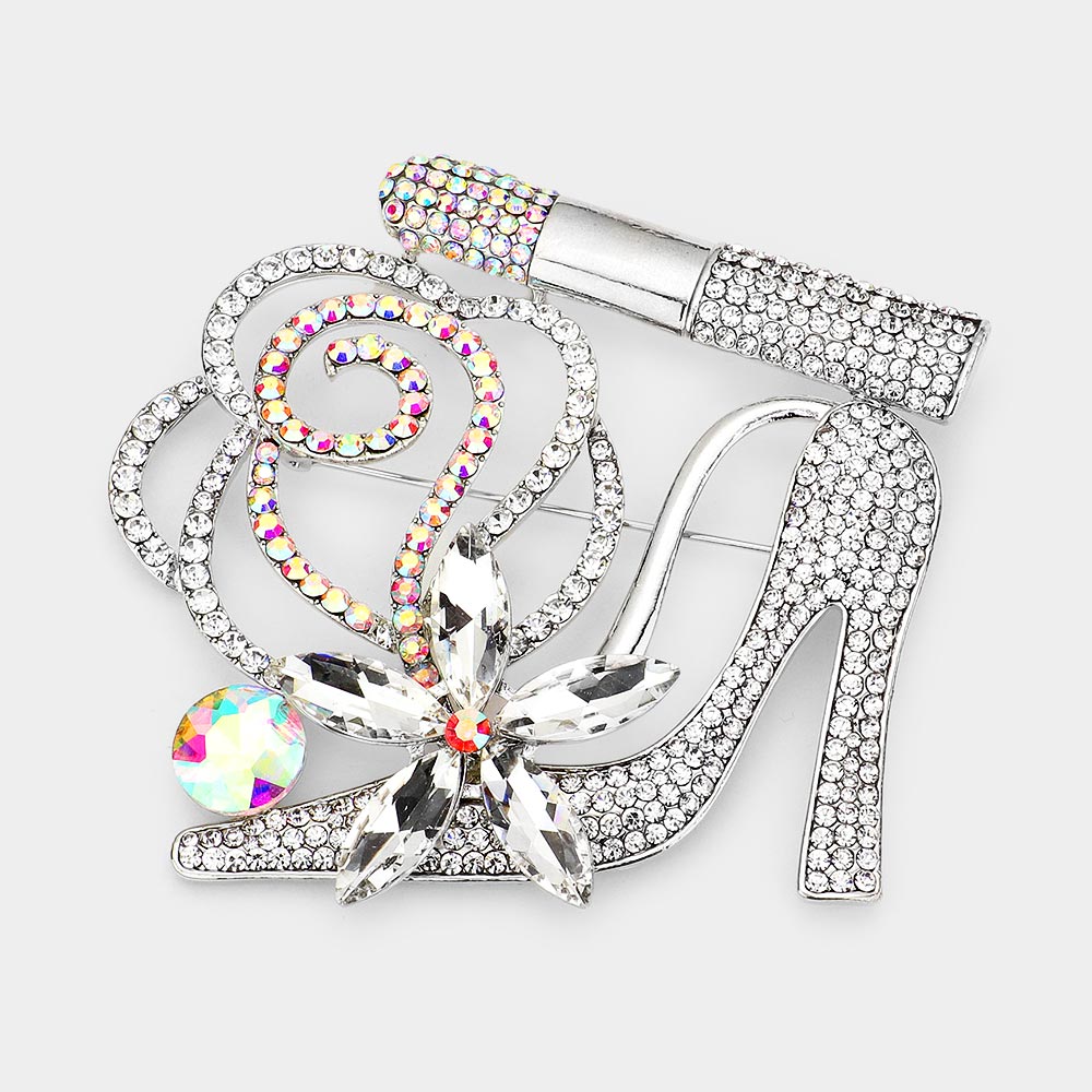 Madeline Love AB, Clear, Silver Rhinestone Pave High Heel Flower Lipstick Brooch - Brooches