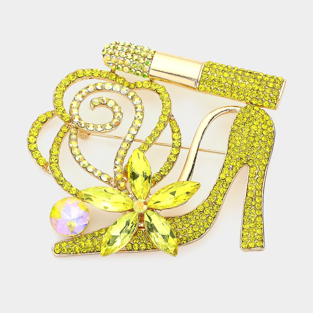 Madeline Love Yellow Rhinestone Pave High Heel Flower Lipstick Brooch - Brooches