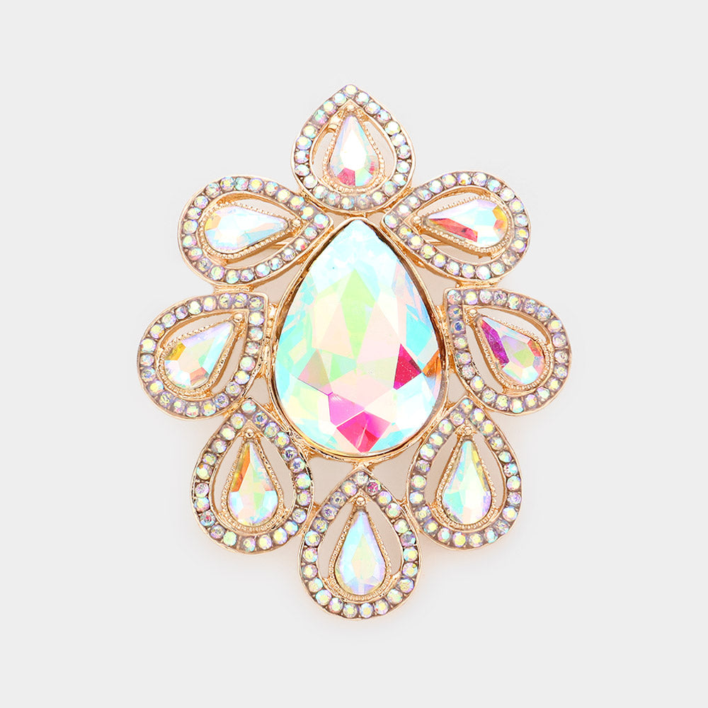 Madeline Love AB, Gold Teardrop Stone Accented Floral Pin Brooch