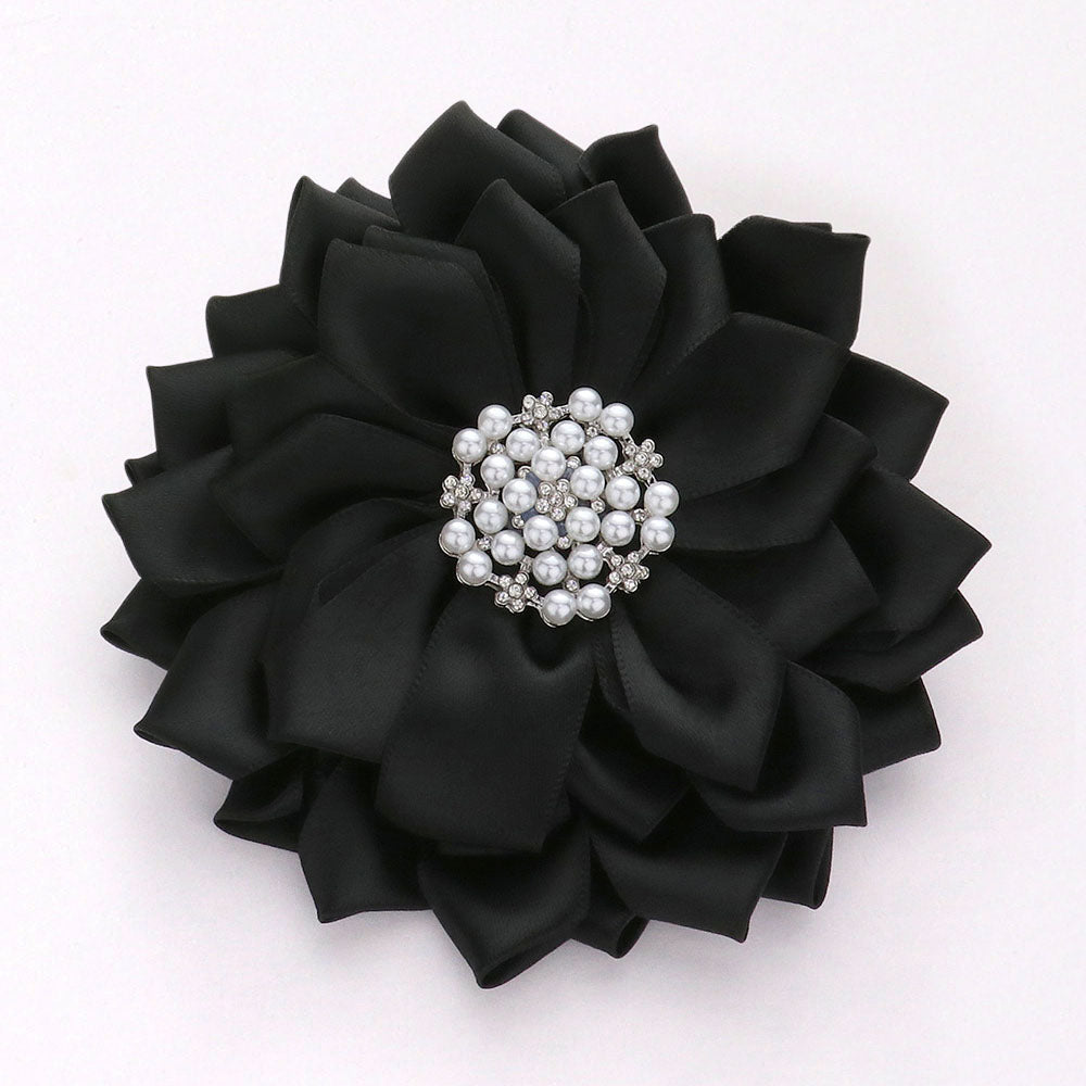 Madeline Love Black Pearl Pointed Flower Ribbon Brooch Hair Clip - Brooches