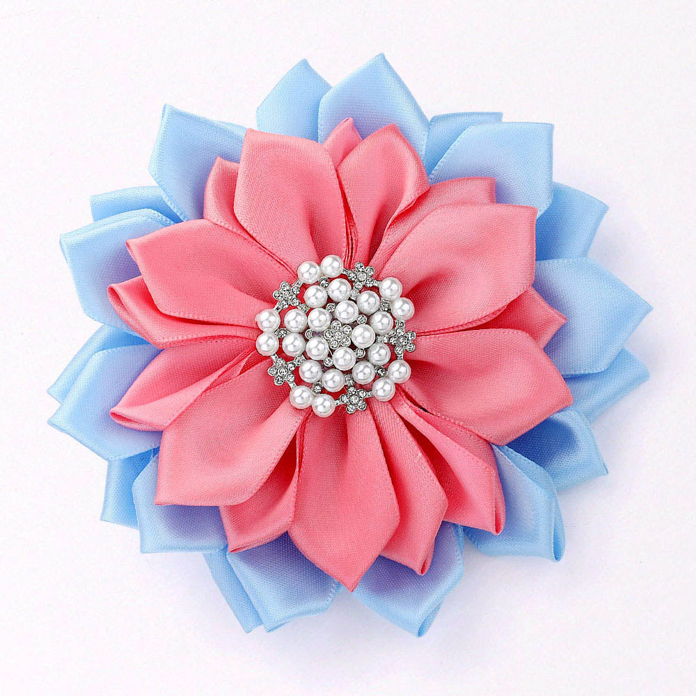 Madeline Love Blue, Pink Pearl Pointed Flower Ribbon Brooch Hair Clip - Brooches