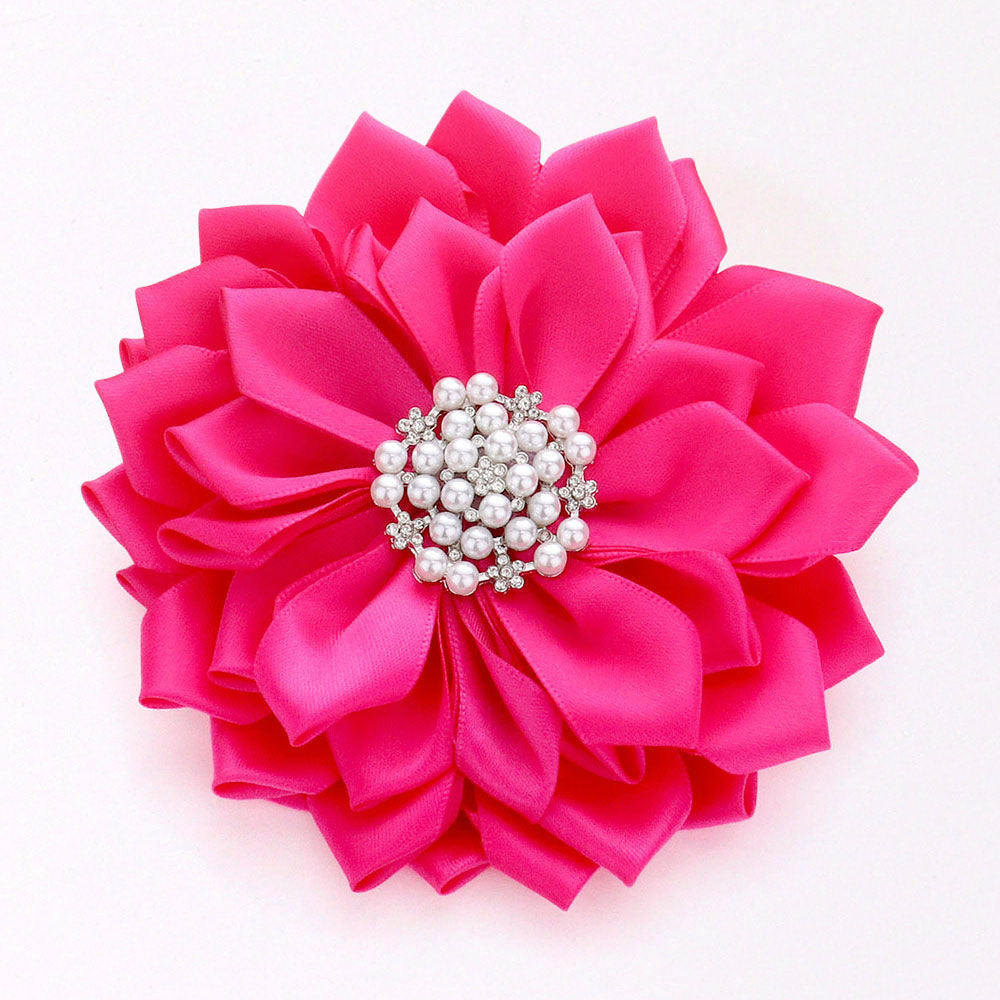 Madeline Love Fuchsia Pearl Pointed Flower Ribbon Brooch Hair Clip - Brooches