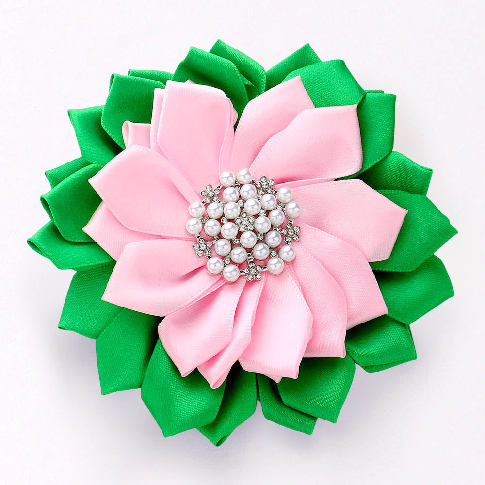 Madeline Love Pink&Green Pearl Pointed Flower Ribbon Brooch Hair Clip - Brooches