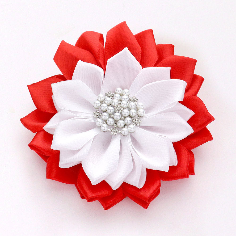 Madeline Love Red, Red&White, White Pearl Pointed Flower Ribbon Brooch Hair Clip - Brooches